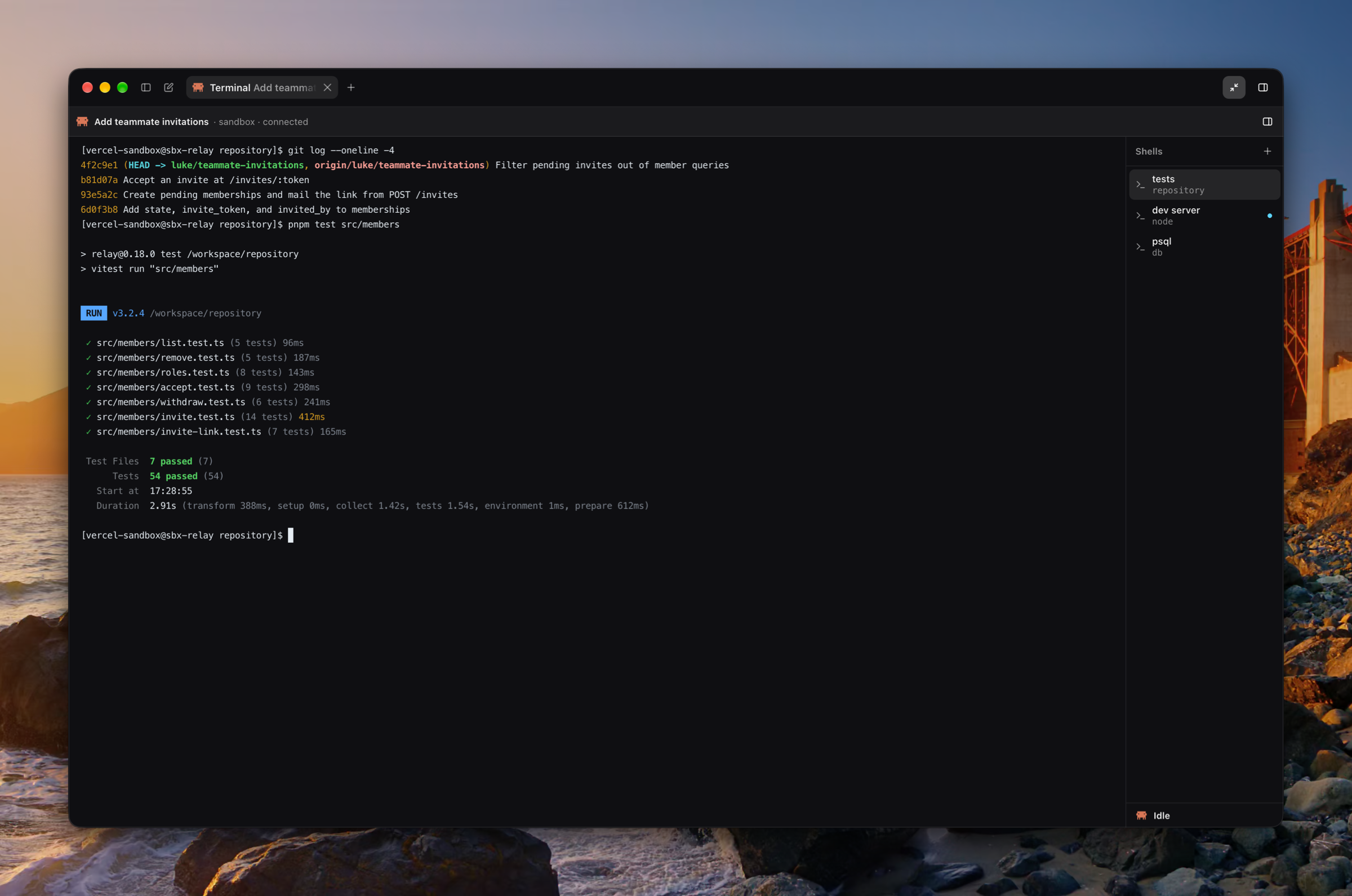 A coding agent's Terminal tab full screen: pnpm test src/members has just passed 54 tests in the agent's sandbox, beside its shells, tests, a running dev server, and psql.